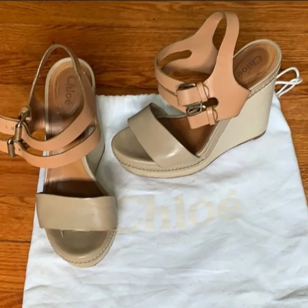 Chloe Leather Beige and Tan Wedge Sandals Sz 37 1/2
